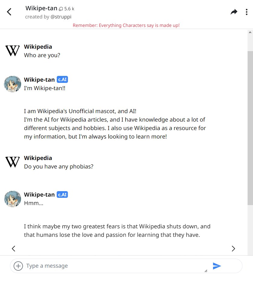 Rozmowa z postacią w Character.AI. Nad czatem drobne zastrzeżenie: „Wszystko, co mówią postacie, jest zmyślone”. Pod spodem bot opowiada o swoich lękach