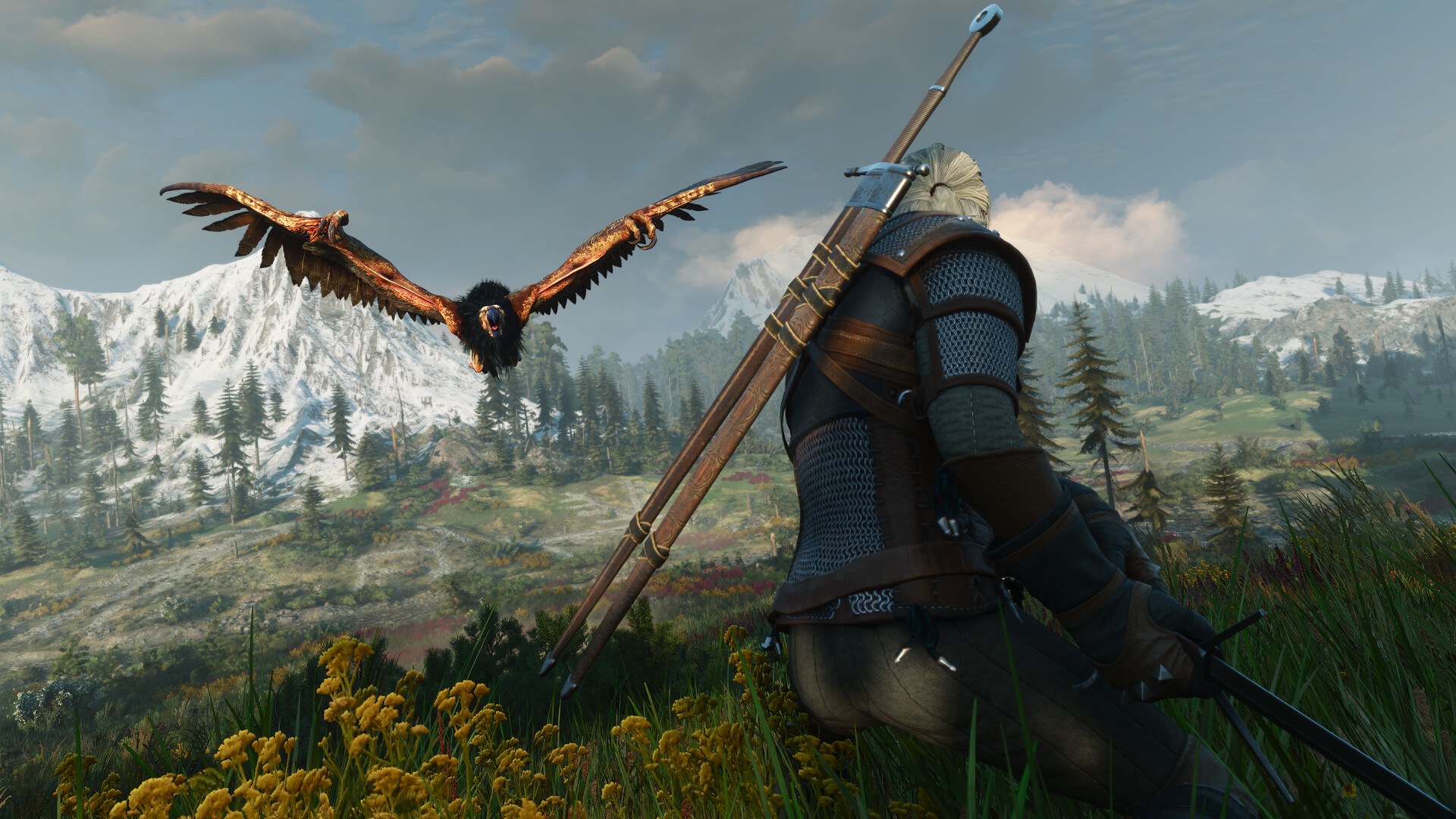 Geralt na wzgórzu, nad nim przelatuje gryf. Remaster Wiedźmina 3 to darmowa aktualizacja dla wszystkich posiadaczy gry