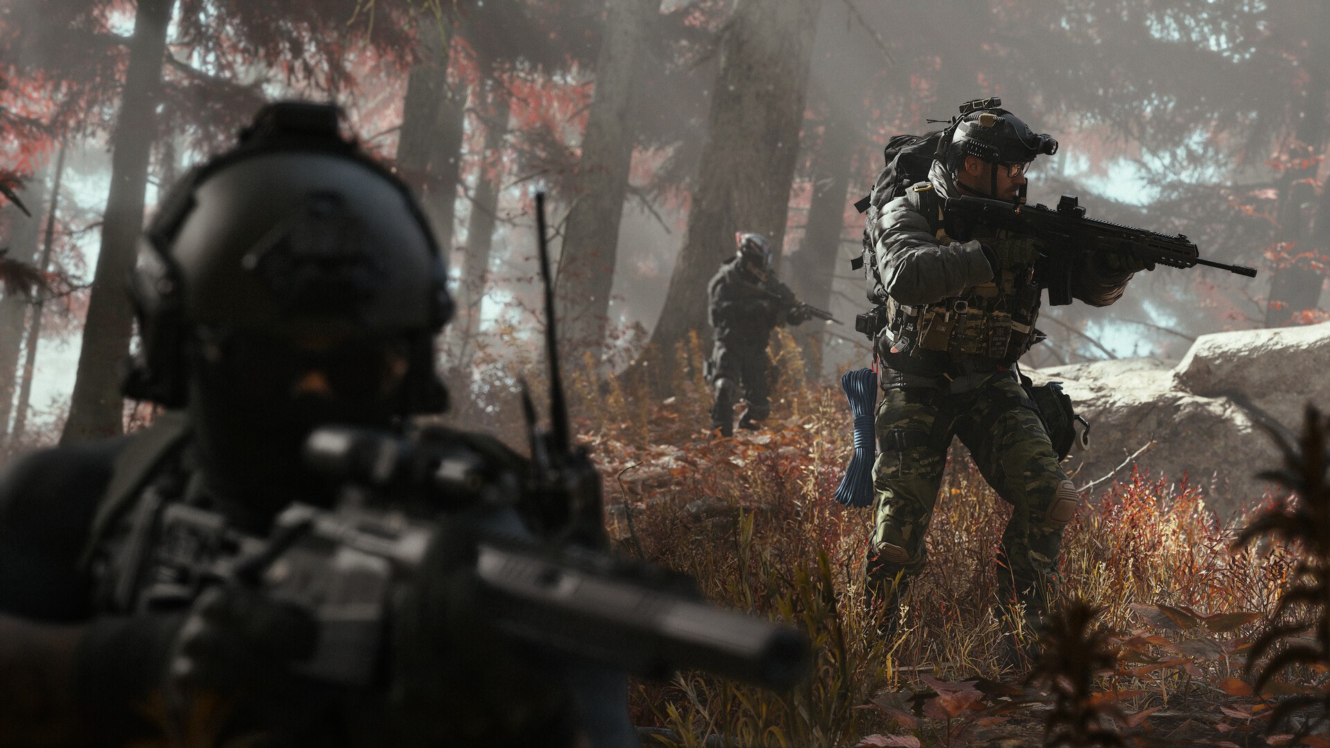 Oddział w lesie, w kolorach jesieni. Tryb DMZ wraca jako osobny filar gry, obok kampanii i multiplayera