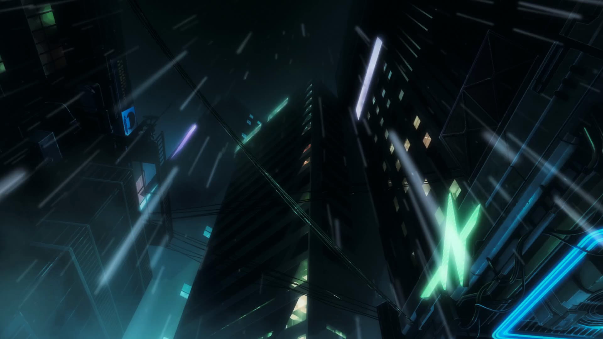 Deszcz nad wieżowcami Night City w kadrze z drugiego sezonu. Studio Trigger znowu pokazuje miasto z perspektywy kogoś, kto patrzy w górę
