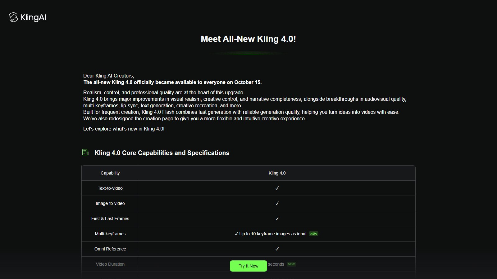 Nota wydania Kling 4.0 na stronie kling.ai: „The all-new Kling 4.0 officially became available to everyone on October 15”
