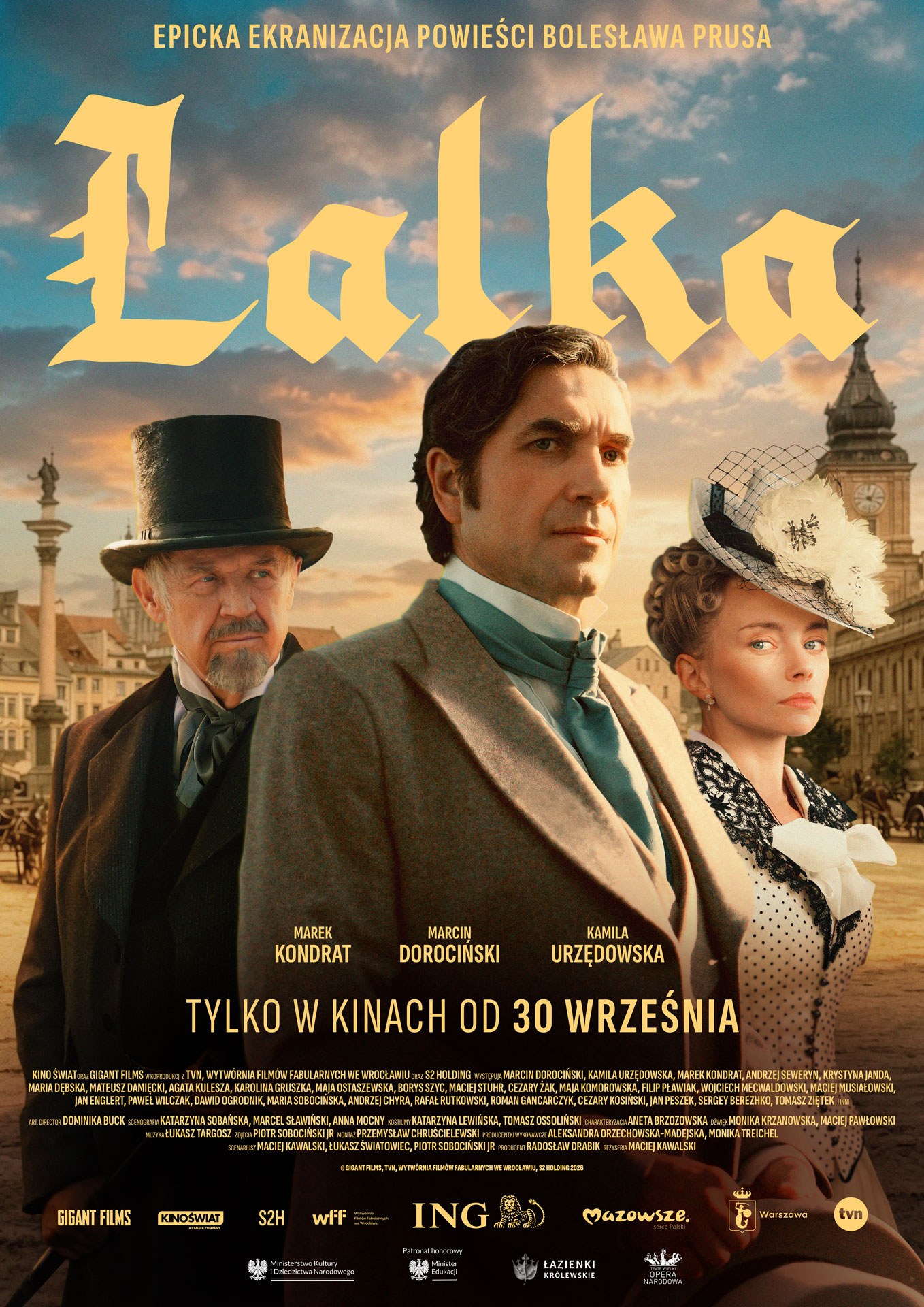 Plakat filmu: Marek Kondrat, Marcin Dorociński i Kamila Urzędowska, w tle Warszawa