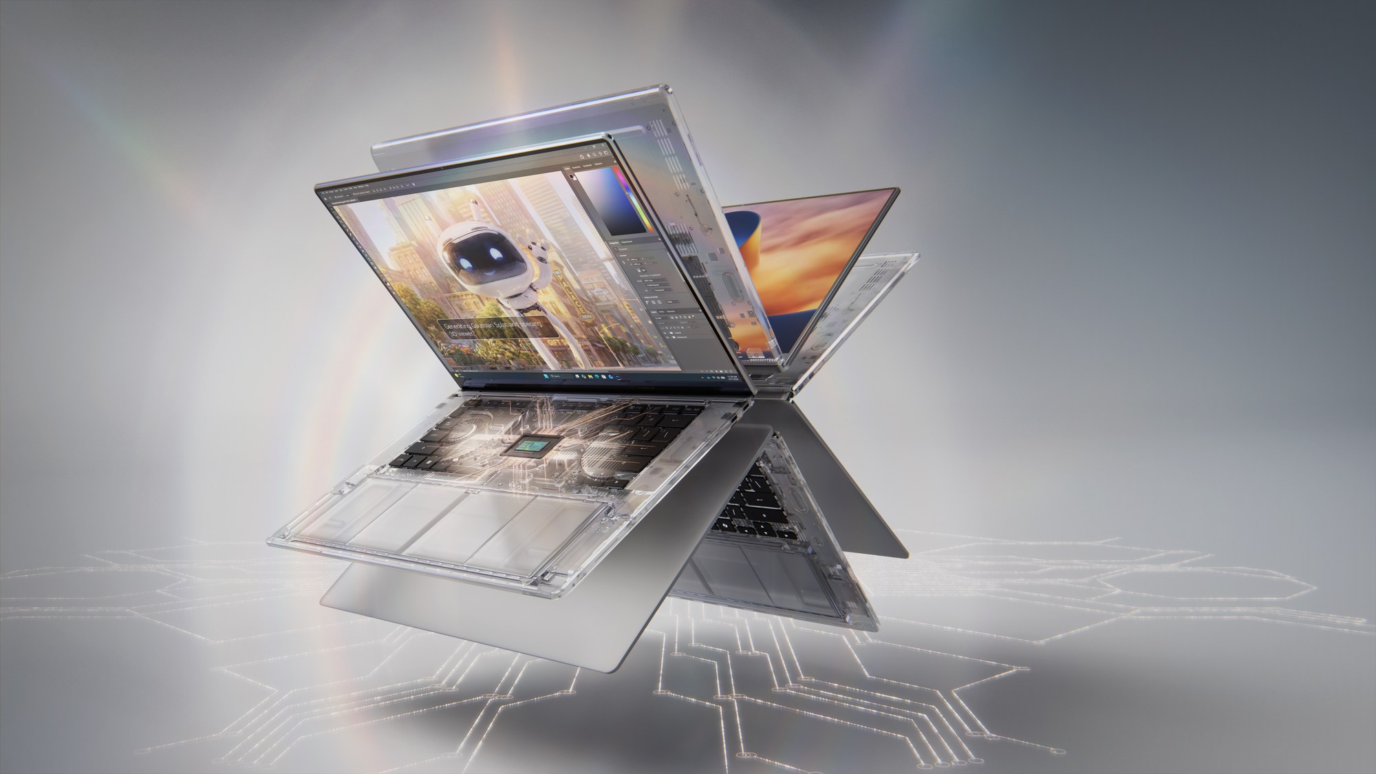 Grafika prasowa Nvidii: laptop z przezroczystą obudową, przez którą widać układ RTX Spark. Na ekranie Photoshop - Adobe dostał na start wersje z przyspieszeniem Nvidii