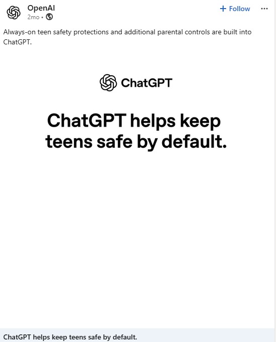 Wpis OpenAI z LinkedIna: „ChatGPT helps keep teens safe by default”. Iowa umieściła ten zrzut w petycji jako przykład zapewnień o bezpieczeństwie, które uważa za wprowadzające w błąd