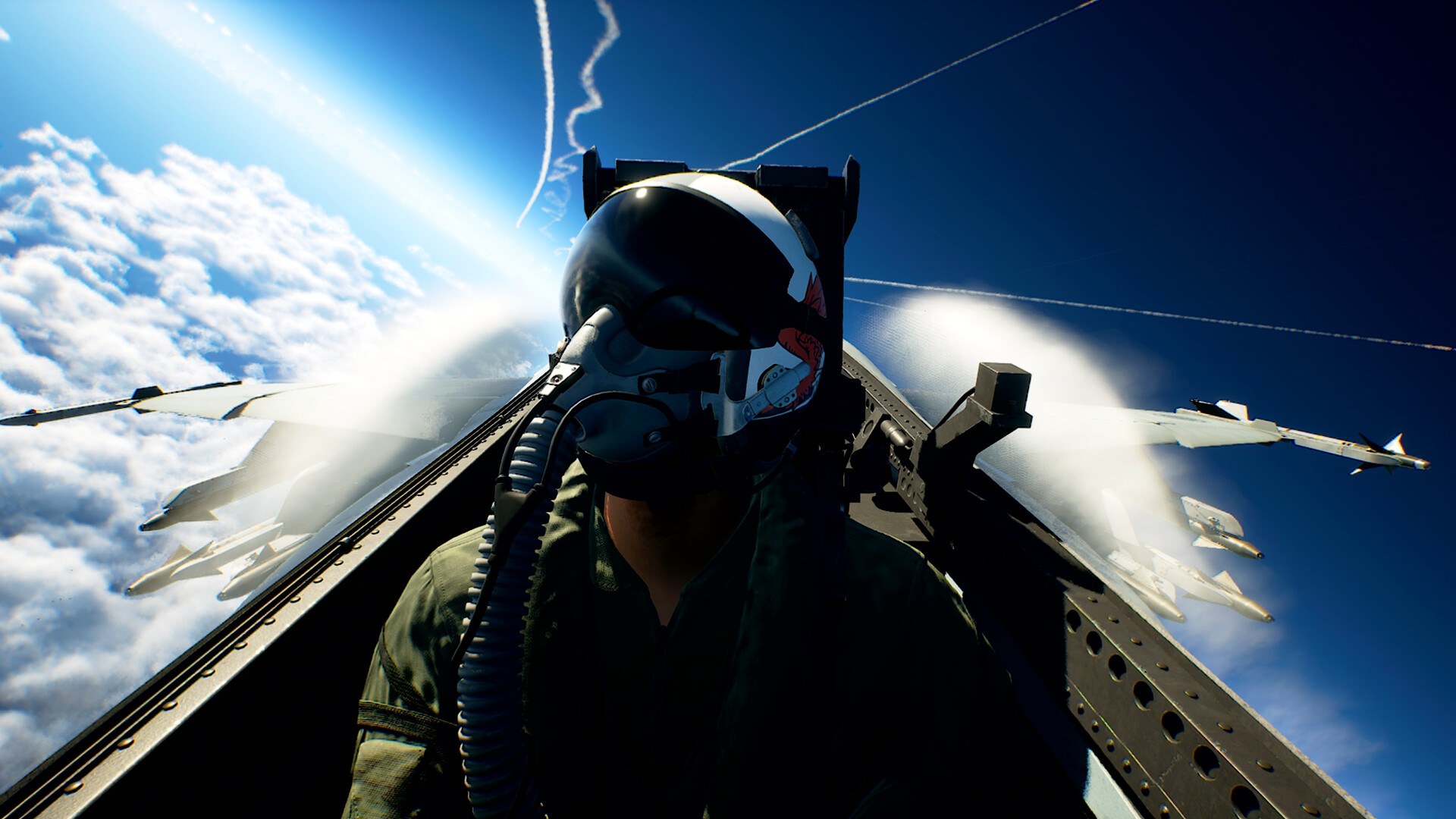 Pilot w kokpicie nad warstwą chmur, obok dwa myśliwce w szyku. Większość przerywników w Ace Combat 8 to sceny z pierwszej osoby