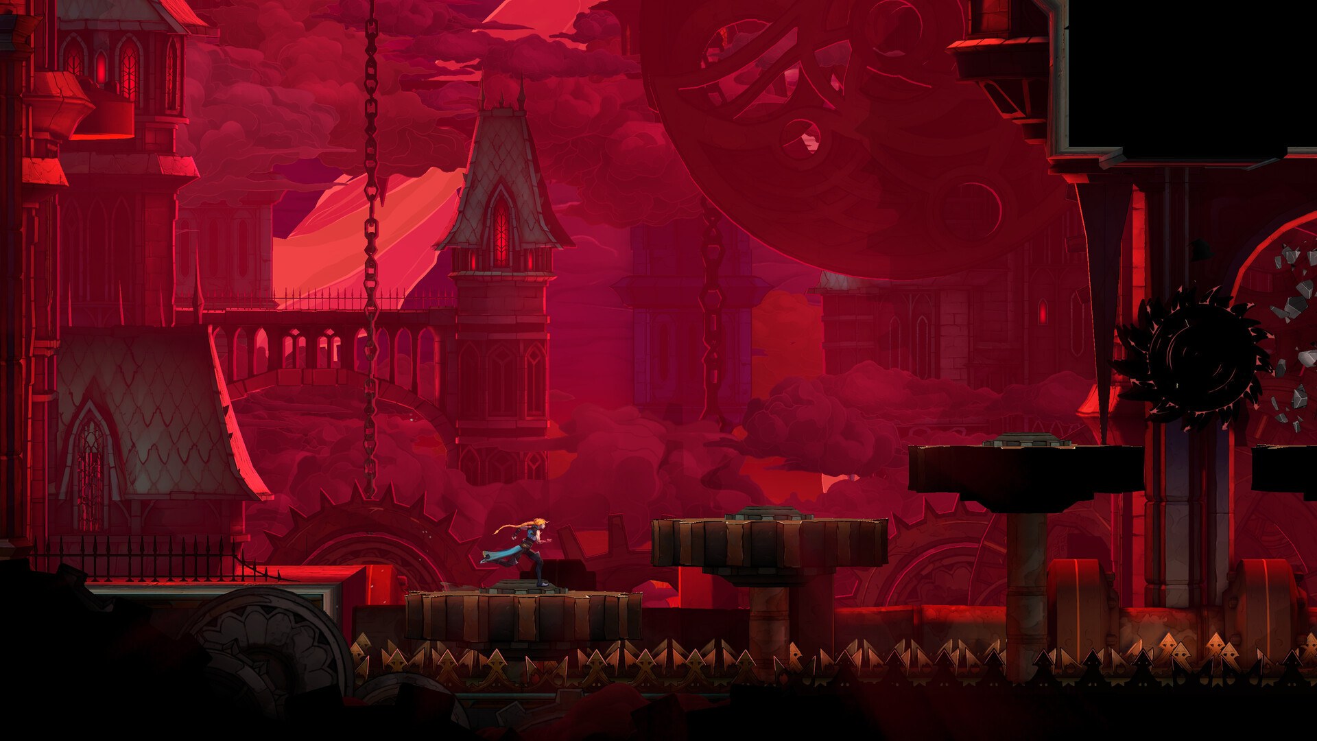 Czerwony krajobraz z mechanizmami i piłami. Na Steam Decku takie szerokie plany obniżały płynność do około 40 klatek, czasem poniżej 30