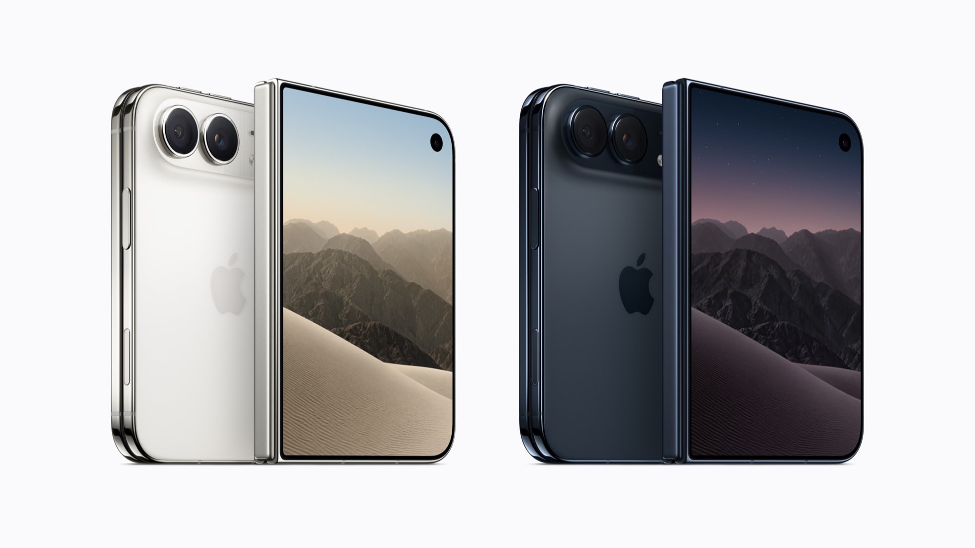 iPhone Duo w kolorach star white i night sky. Po rozłożeniu ekran ma 7,6 cala, po złożeniu 5,4 cala