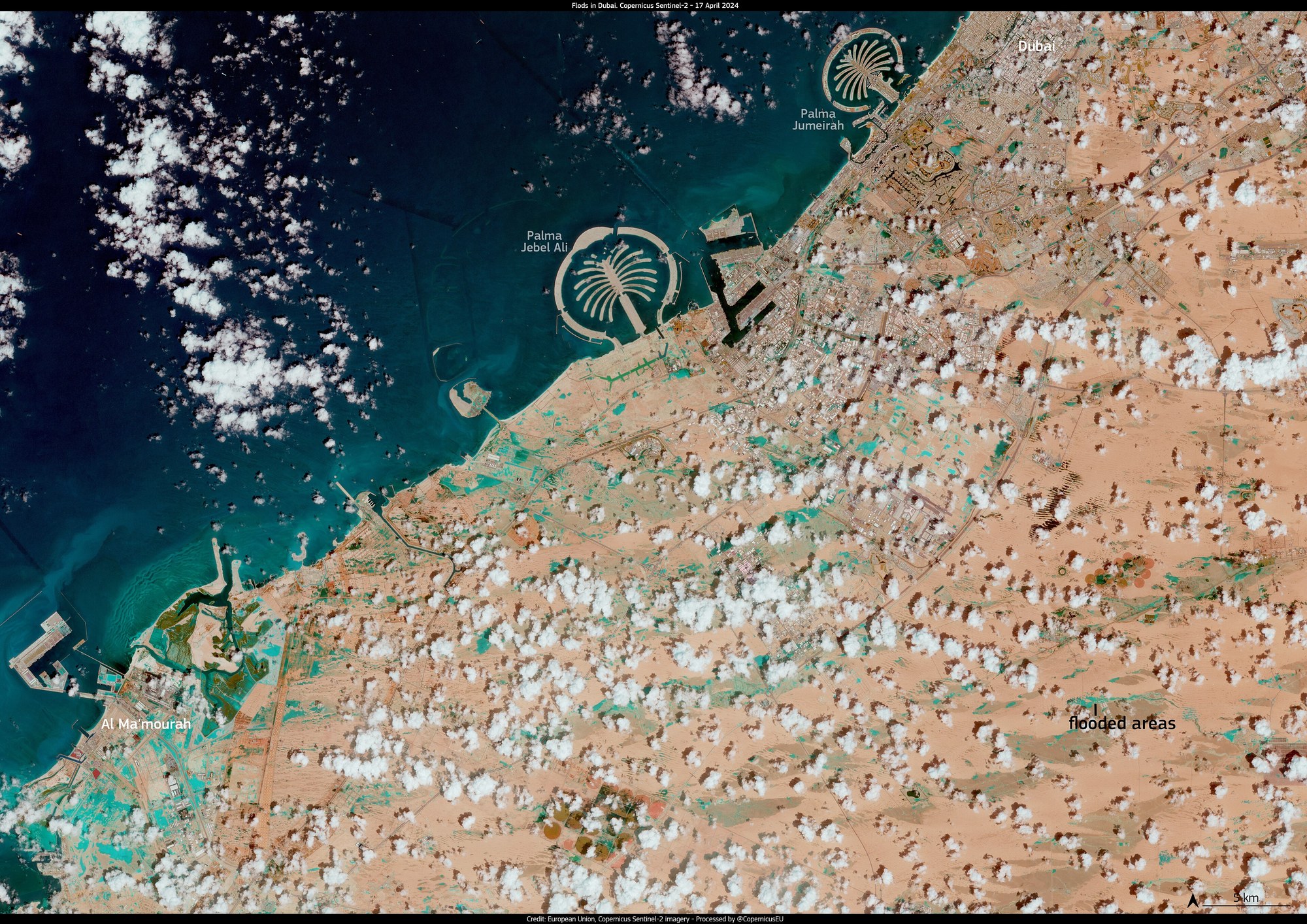 Wybrzeże Dubaju z satelity Sentinel-2, 17 kwietnia 2024 roku, dzień po ulewie. Turkusowe plamy na pustyni między Palm Jebel Ali a Al Ma'mourah to zalane tereny